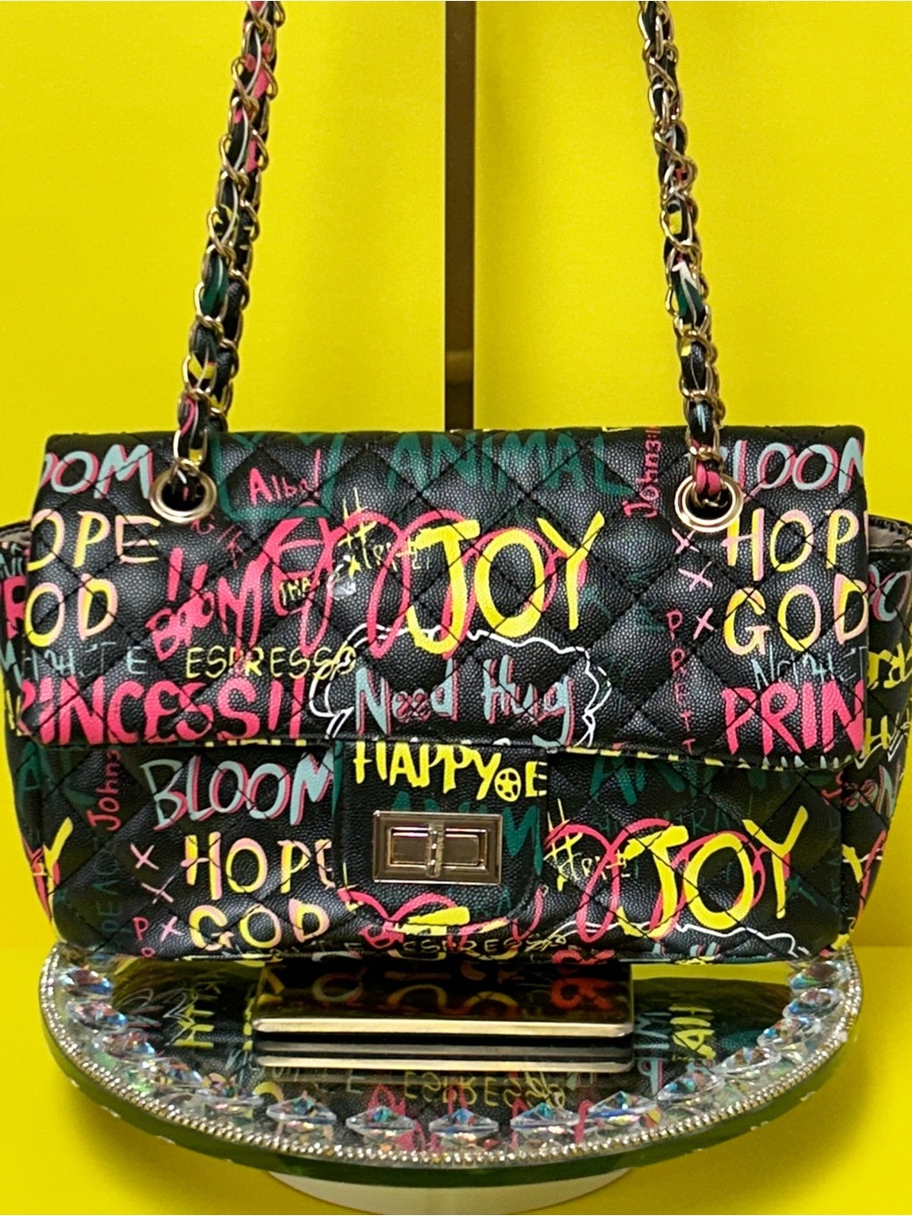 Alba Graffiti Quilted Chain Shoulder Bag - Black Multi Colored Approx. 11 x 7 x3
